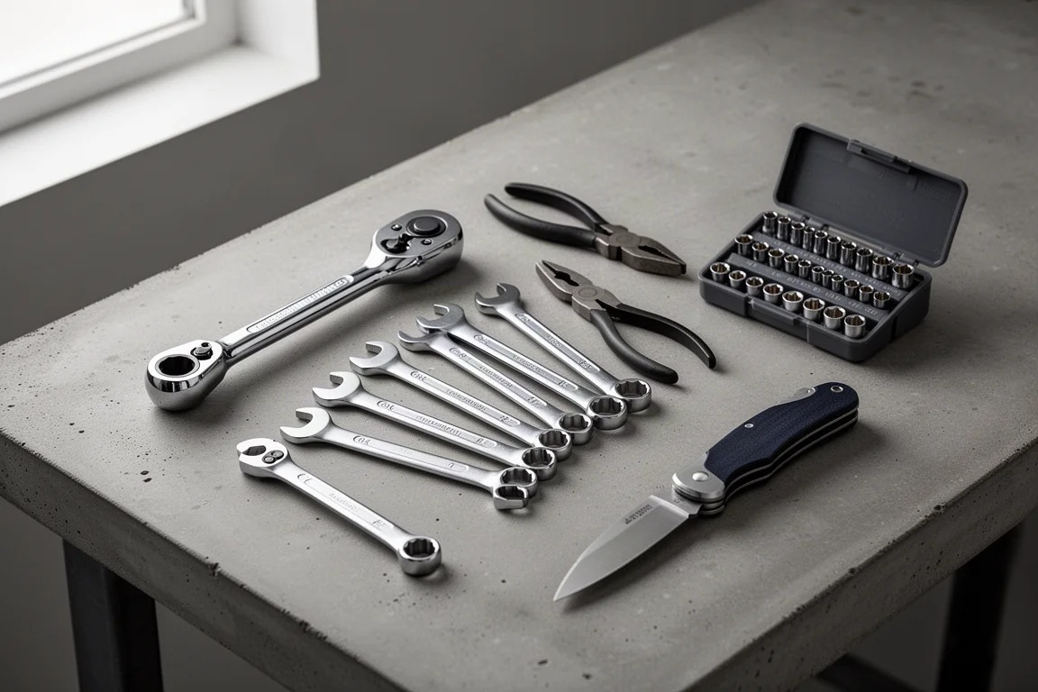 A collection of Icon hand tools including ratchets, wrenches, pliers, sockets, and a knife on a workbench