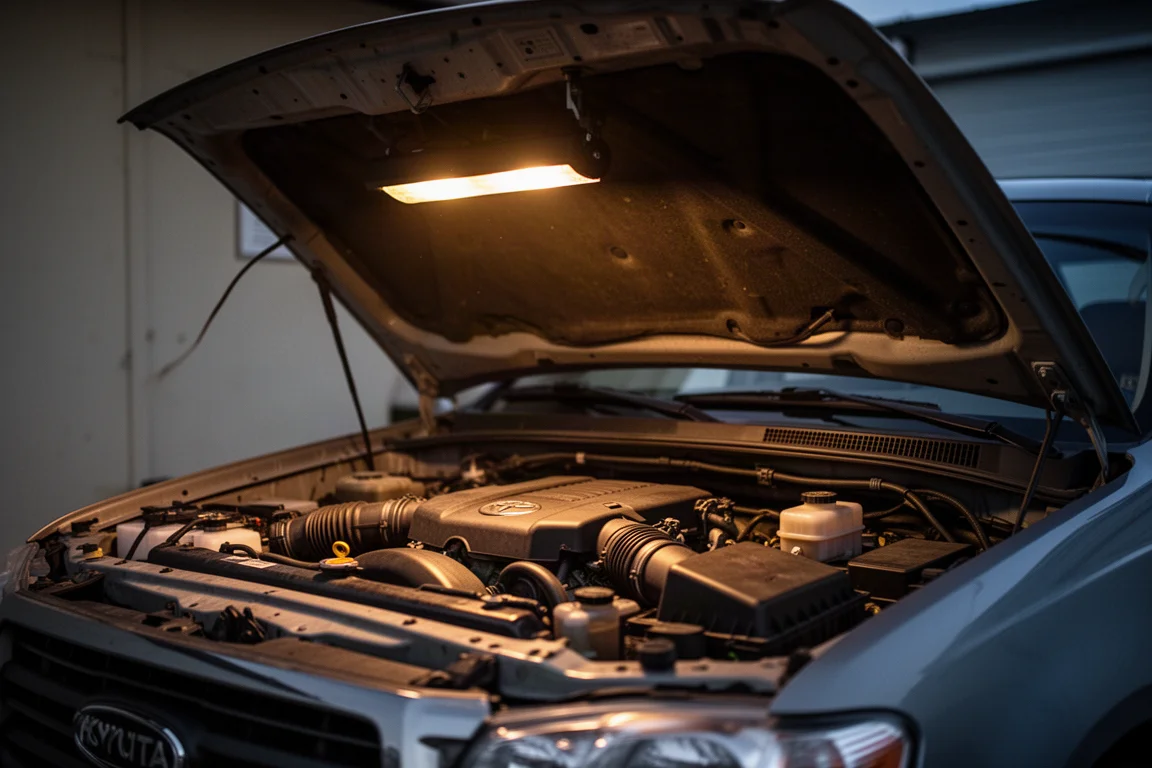Ein Mechaniker arbeitet unter einer Motorhaube, eine Motorhaubenleuchte beleuchtet den Motorraum
