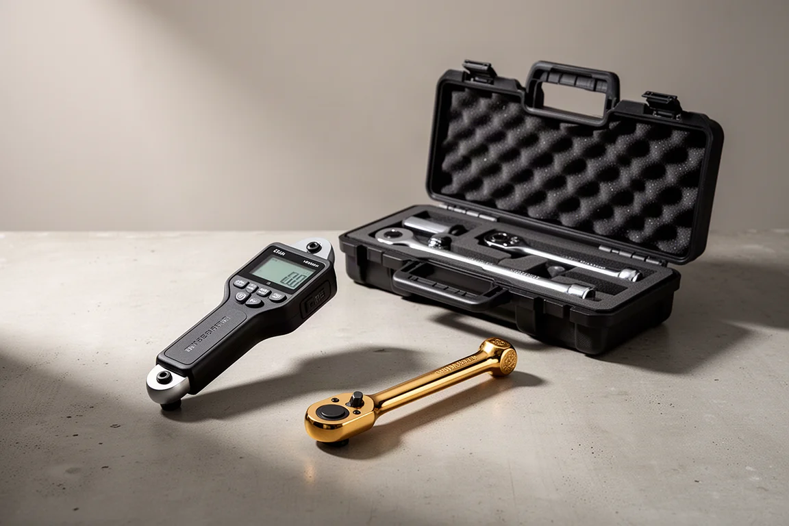 Icon mechanic tools including a digital torque wrench and gold ratchet on concrete