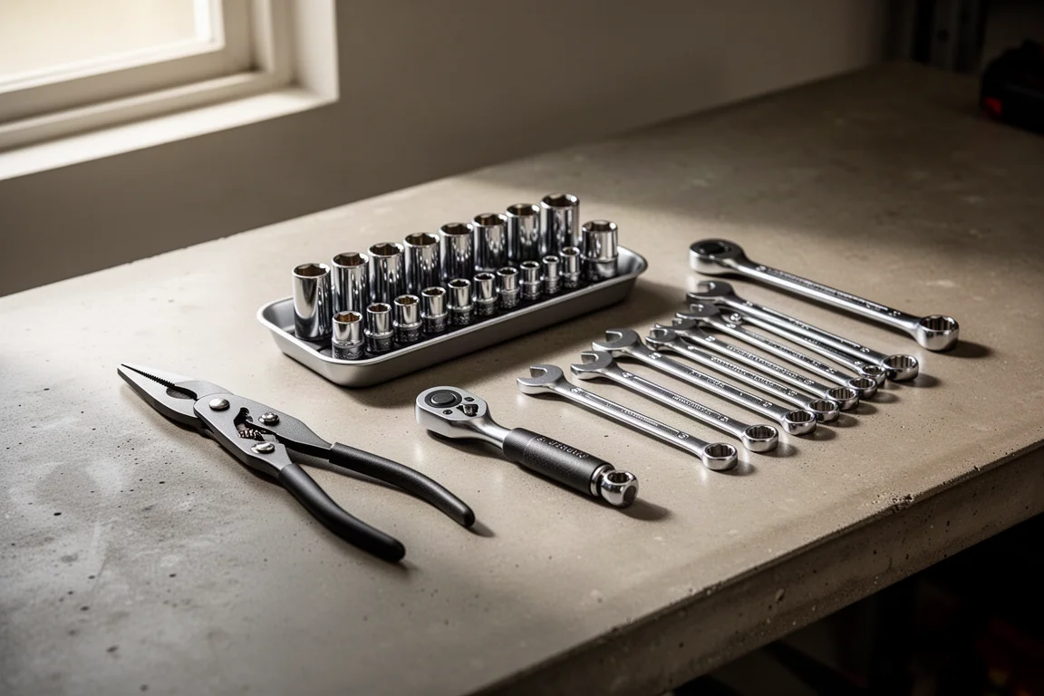 Assorted hand tools including pliers, sockets, a ratchet, and wrenches on a workbench
