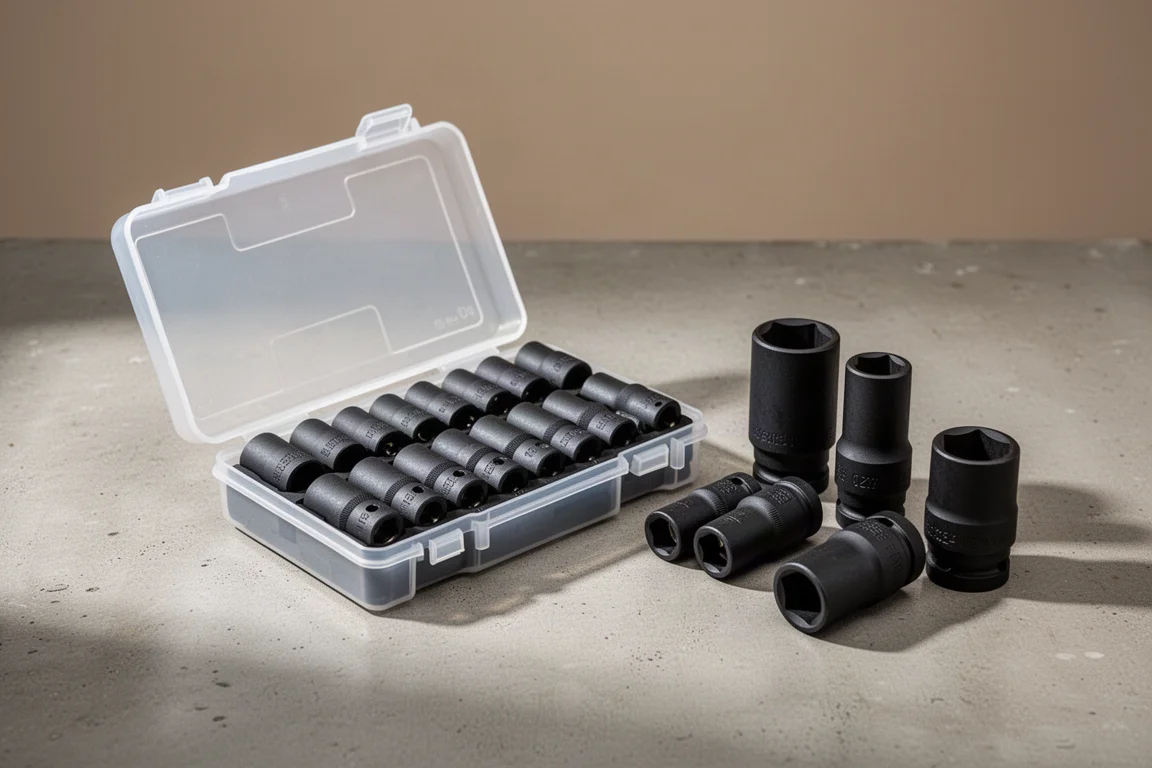 Two sets of black metric impact sockets on a concrete workshop surface, one in a plastic tray