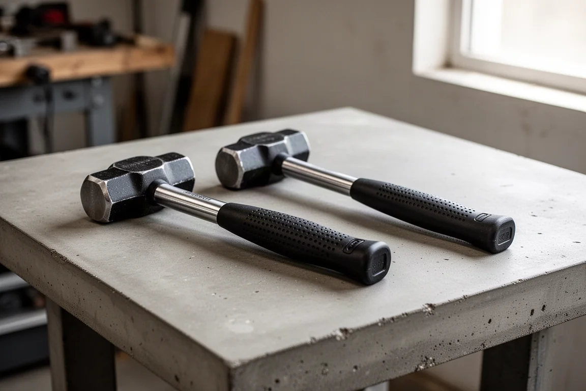 Two dead blow hammers resting side by side on a workbench under natural light