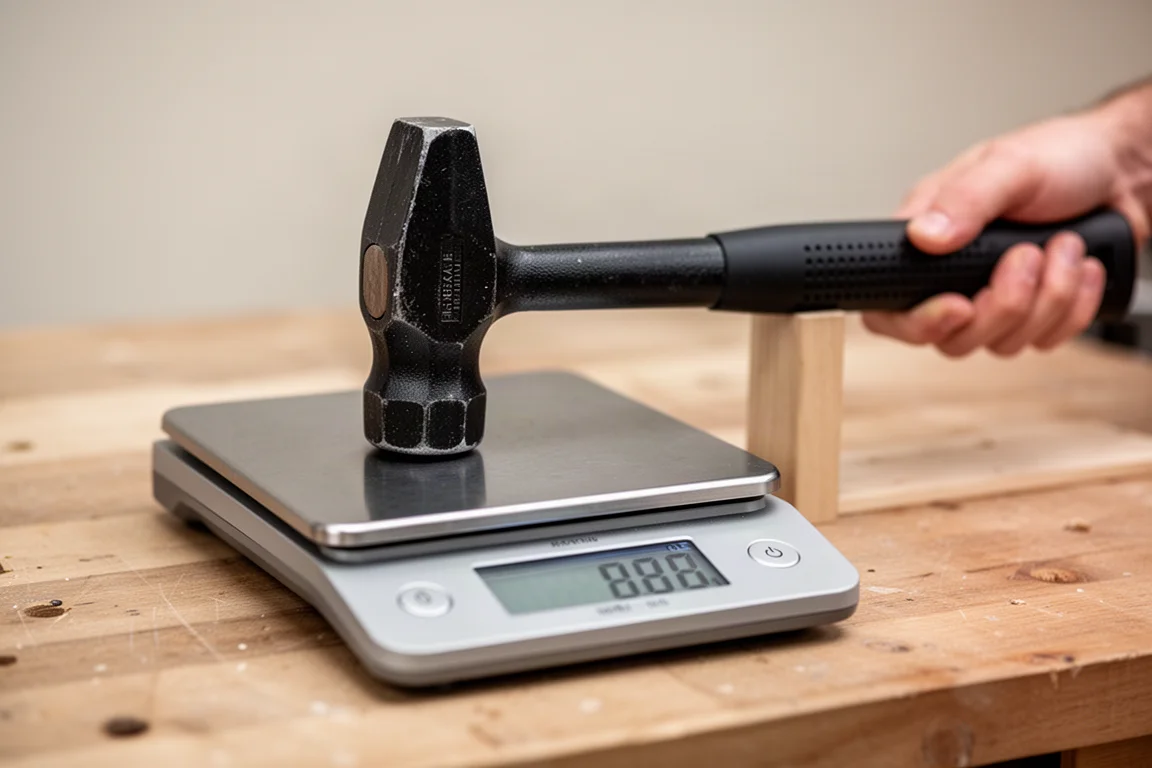 Digital scale weighing the head of a dead blow hammer with the handle held level