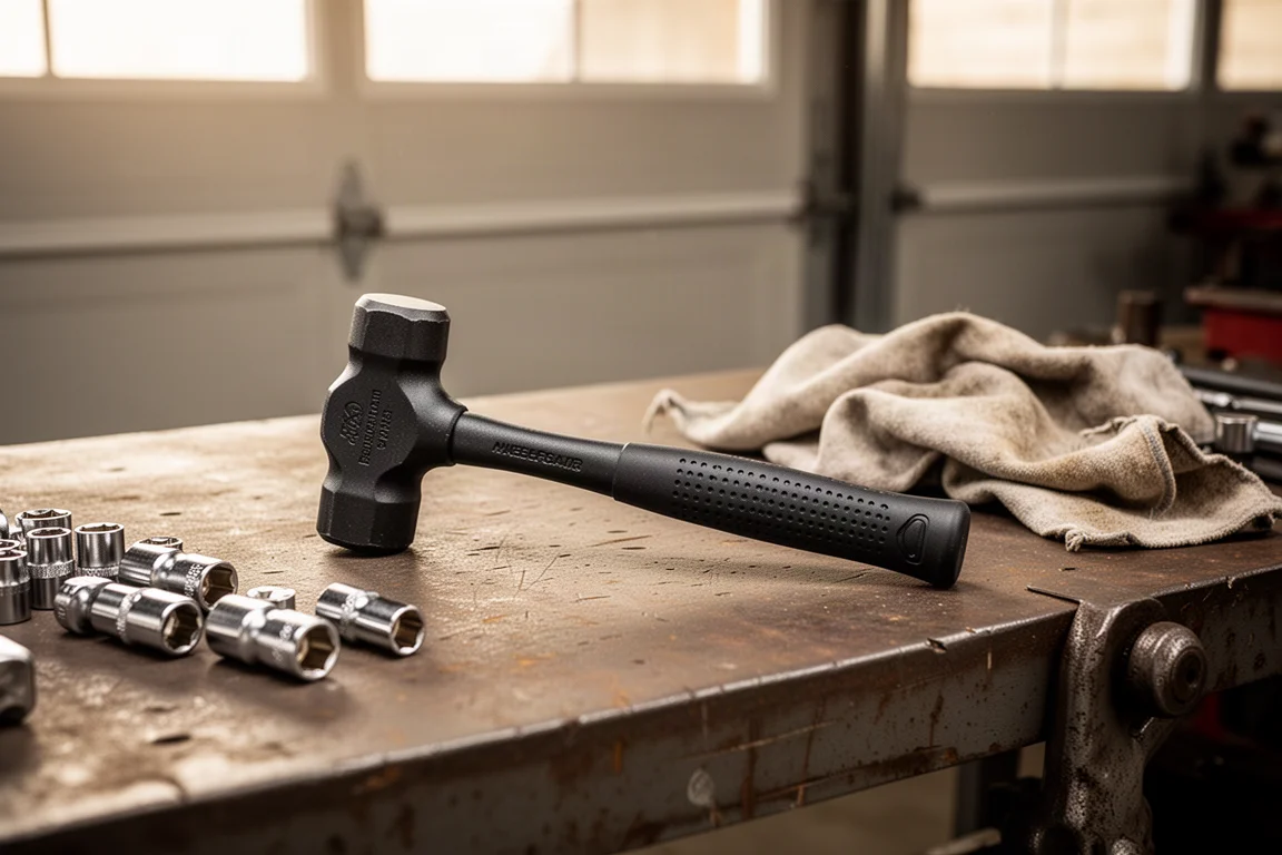 Dead blow hammer on a garage workbench surrounded by everyday workshop clutter