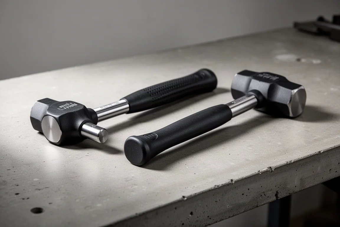 Two dead blow hammers side by side on a concrete workbench