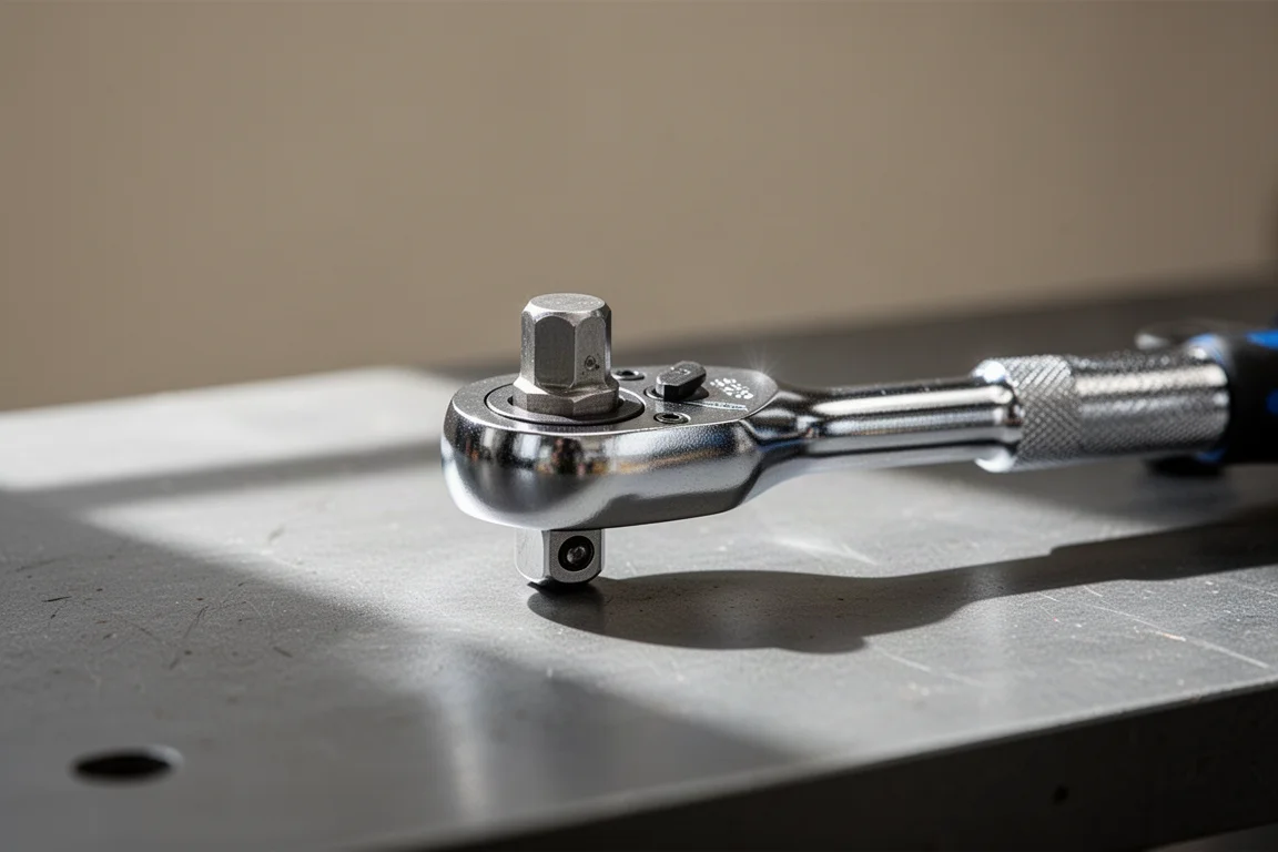 Ratchet drive heads being cycled on a workbench during break-in testing