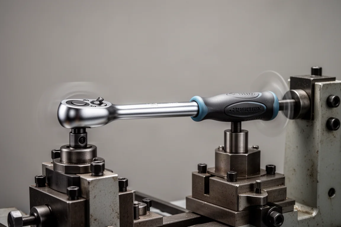 Ratchet clamped in a torque testing rig under load