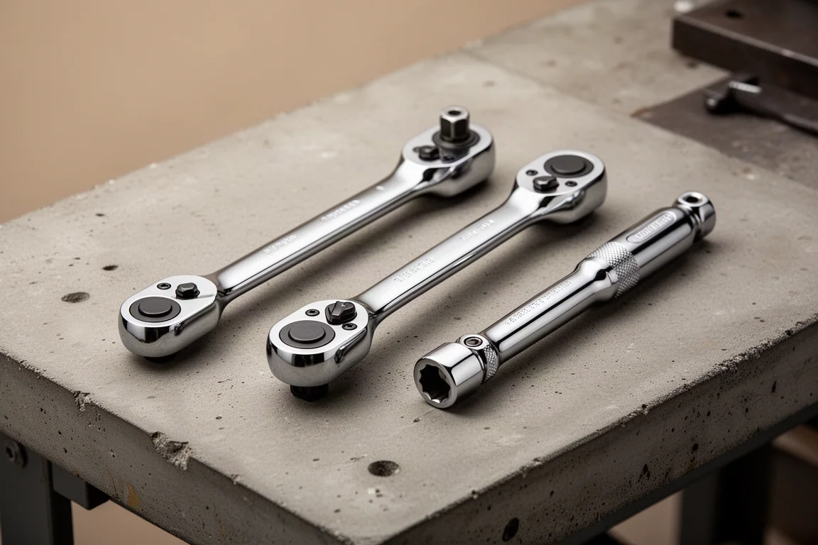 Three 3/8 ratchets with fixed and flex heads arranged on a concrete workbench