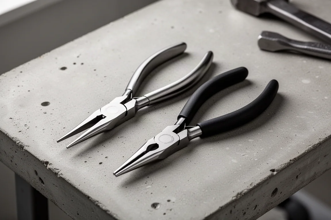 Two needle-nose pliers side by side on a concrete workbench
