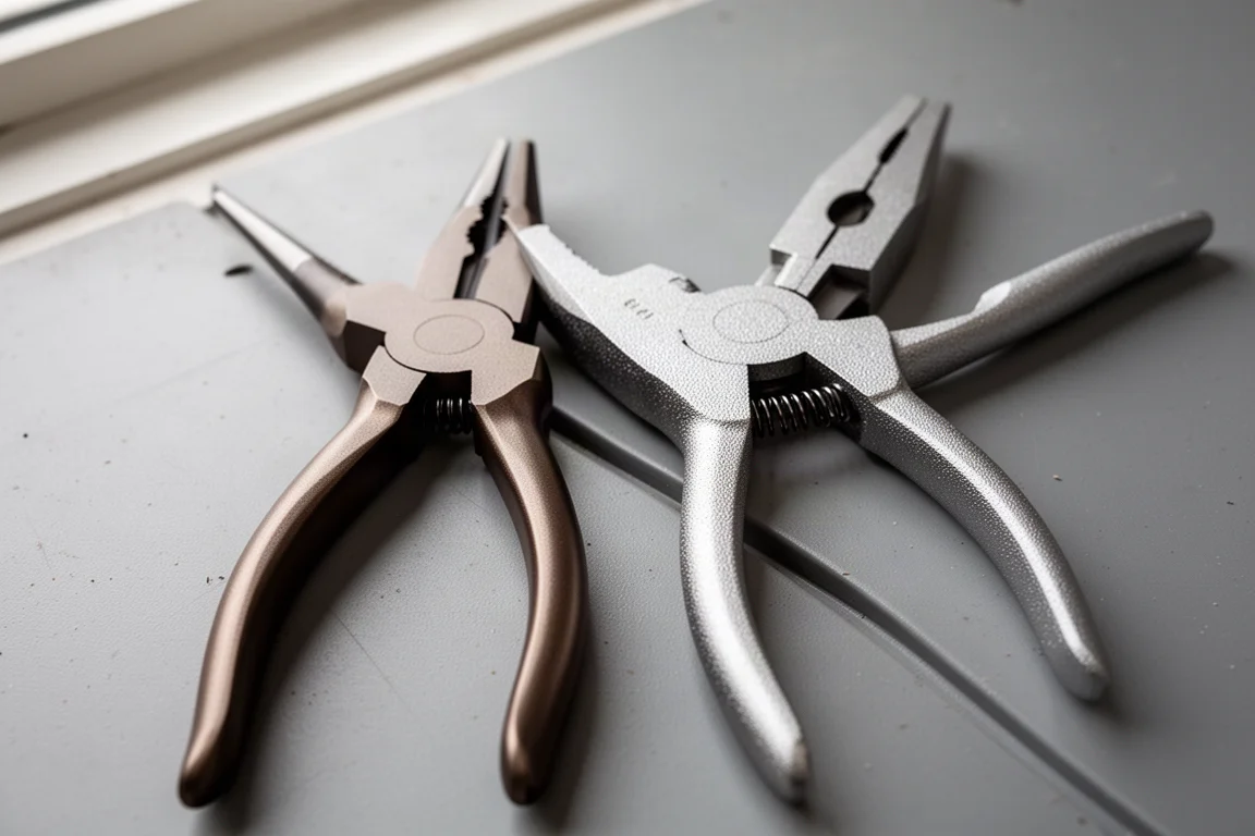 Two pistol grip needle-nose pliers side by side on a workshop bench showing different metal finishes