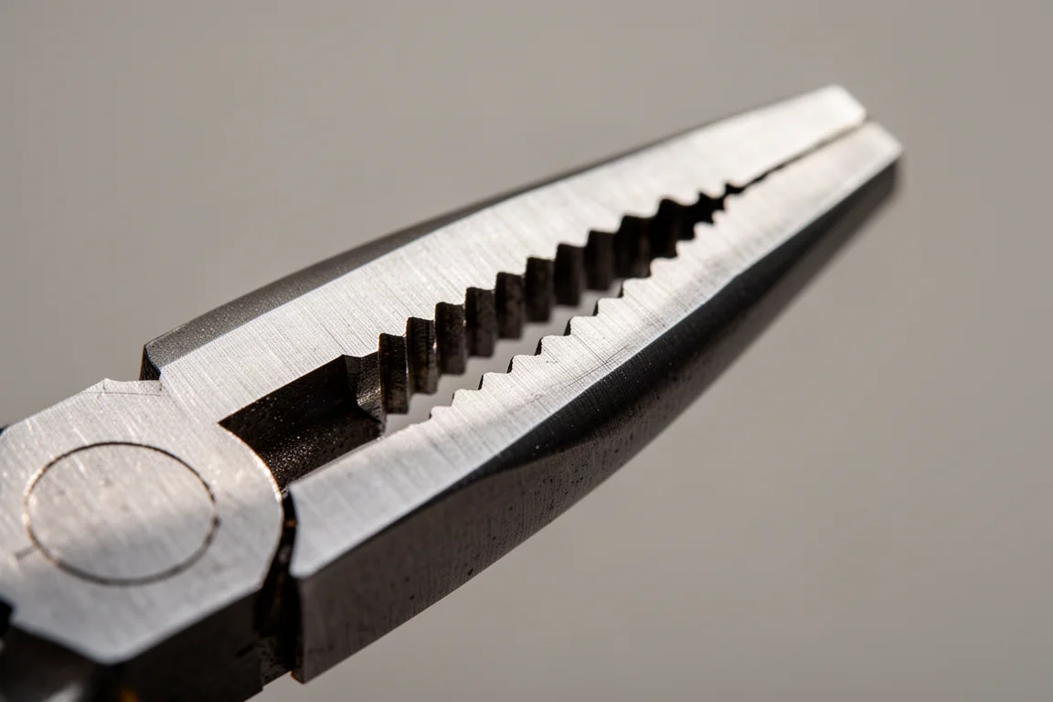 Close-up of the crosshatch teeth on the jaws of needle-nose pliers