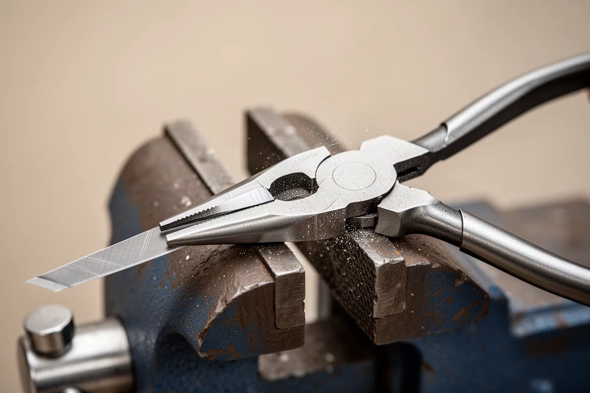 File hardness testing on the jaws of pliers with a scratch visible on the metal
