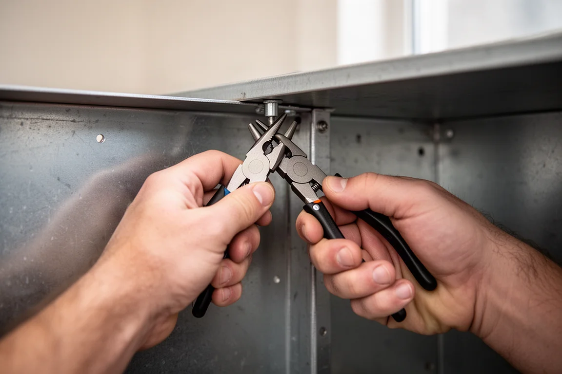 Hands twisting pliers gripping a small fastener in a tight workspace