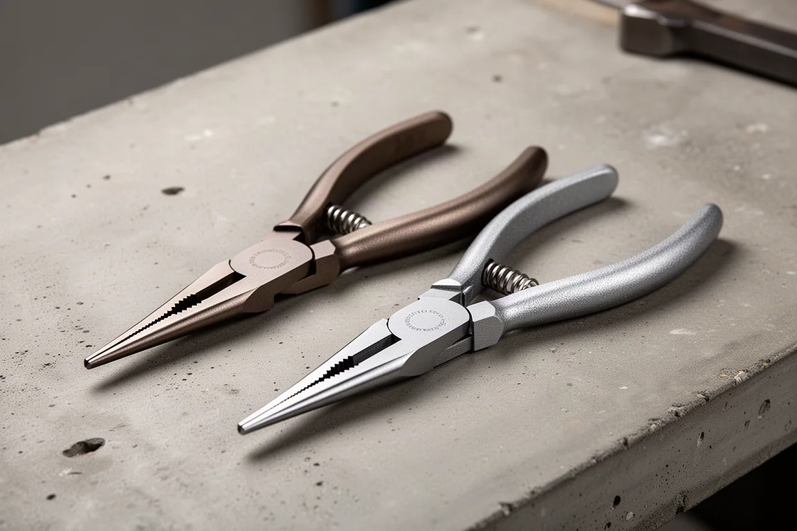 Two pistol grip needle-nose pliers side by side on a concrete workbench