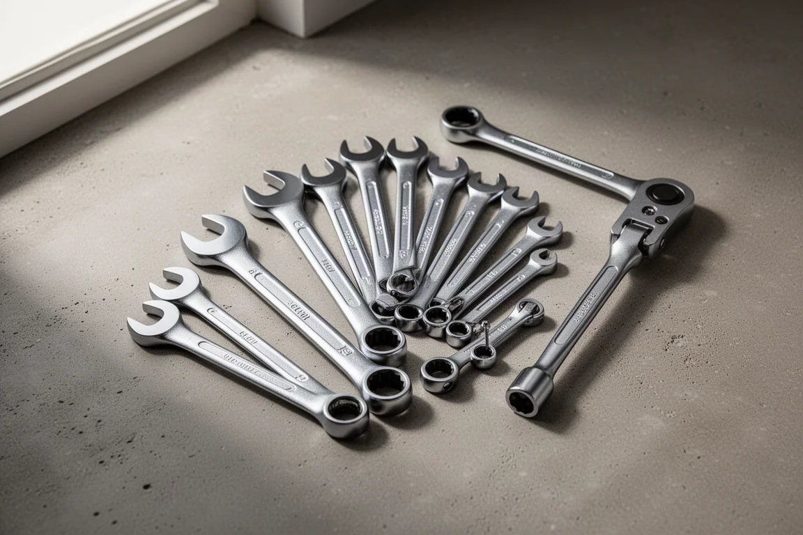 Collection of chrome combination wrenches of graduated sizes on a concrete surface