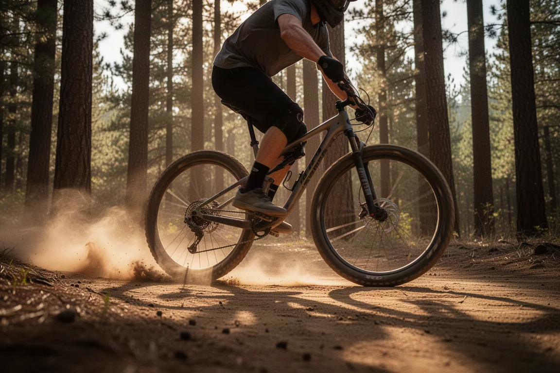Fahrer auf einem E-Mountainbike fährt einen steinigen Waldweg hinauf
