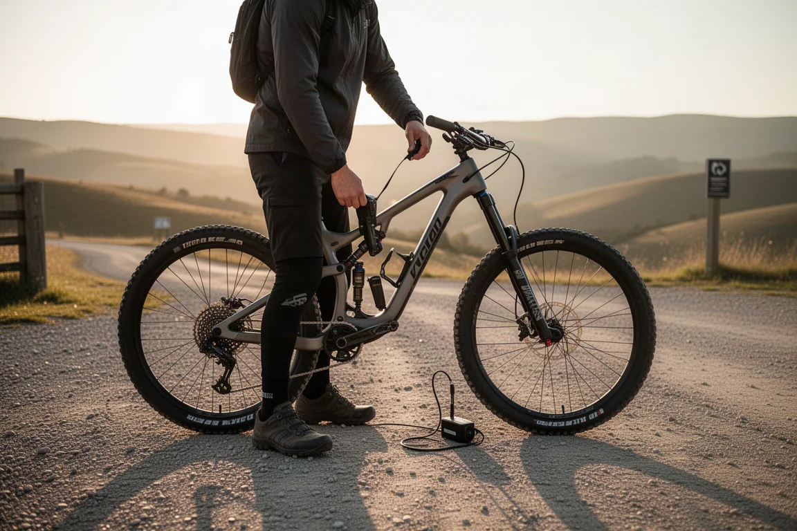 Draufsicht auf Mountainbike-Helm, Handschuhe, Werkzeug und Pumpe auf Beton