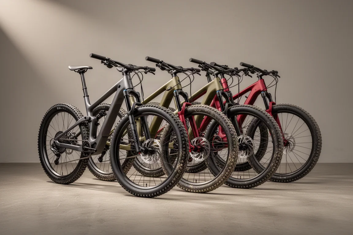 Vier vollgefederte Mountainbikes lehnen an einem Zaun neben einem Schotterweg