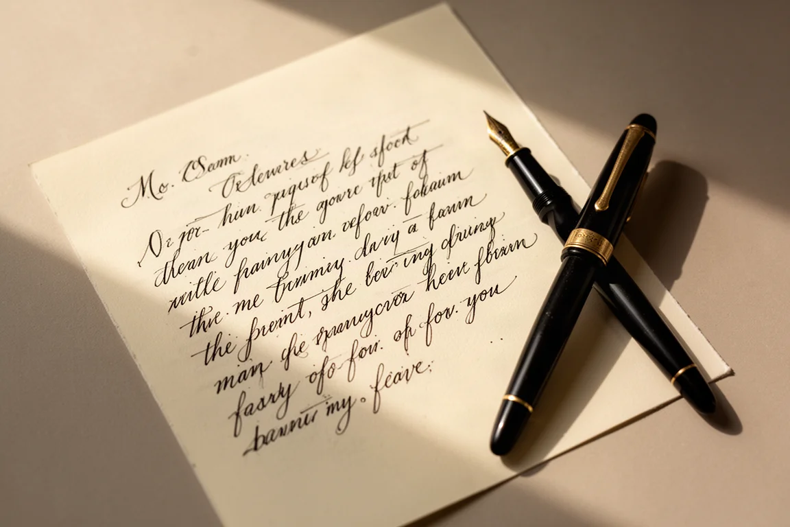 Escritura a mano vintage con variación de línea, realizada con una pluma estilográfica de plumilla flexible