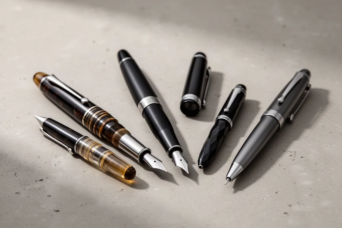 Five iconic fountain pens arranged on a concrete surface