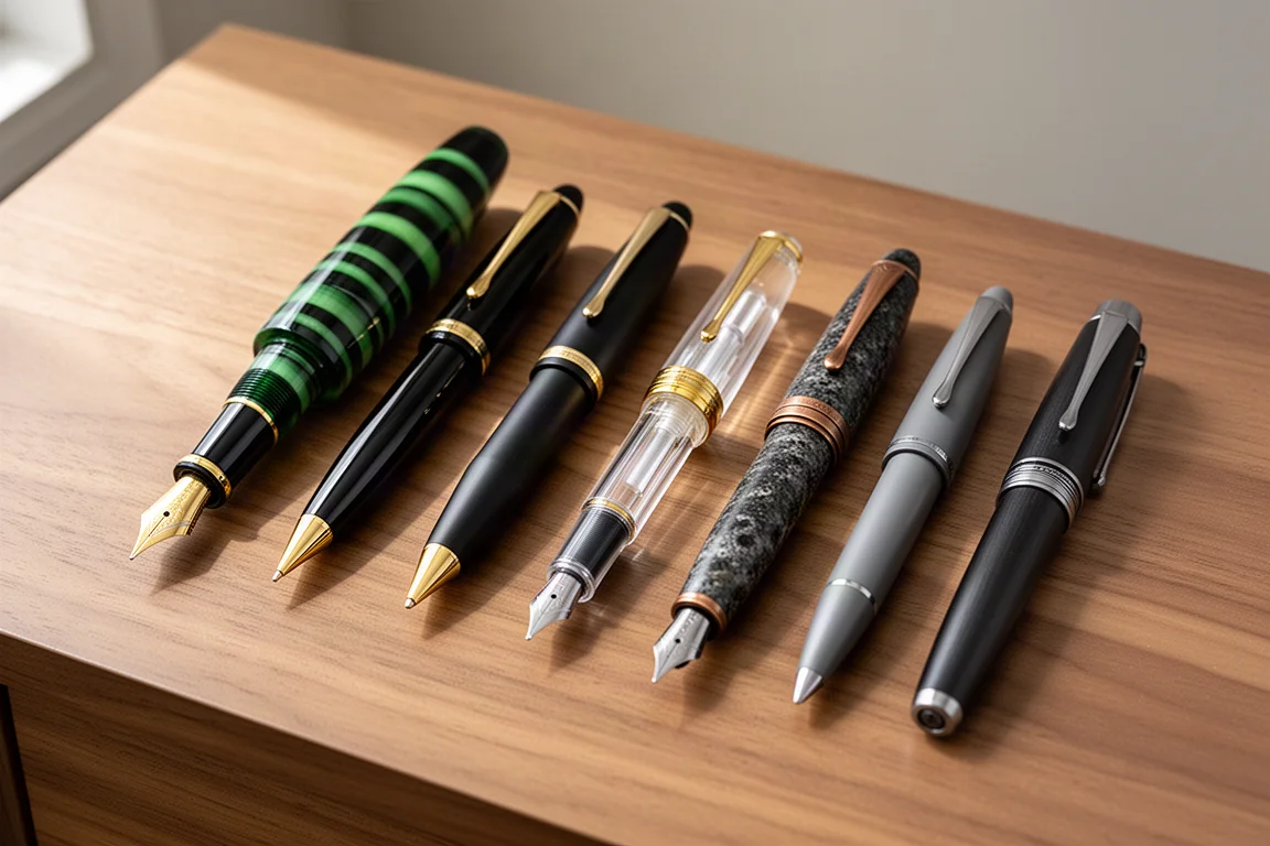 Seven distinct fountain pens arranged diagonally on a wooden desk surface