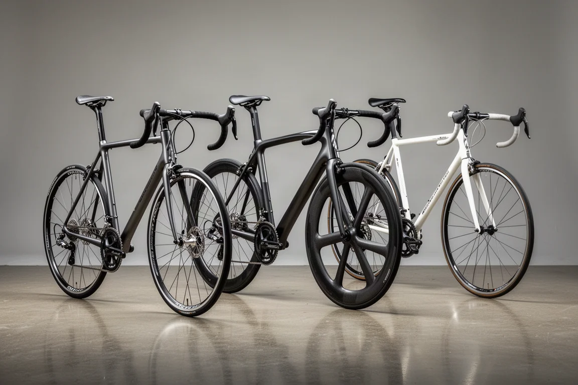 Tres bicicletas de carreras de carretera de distintas épocas alineadas en un estudio sobre un suelo de hormigón