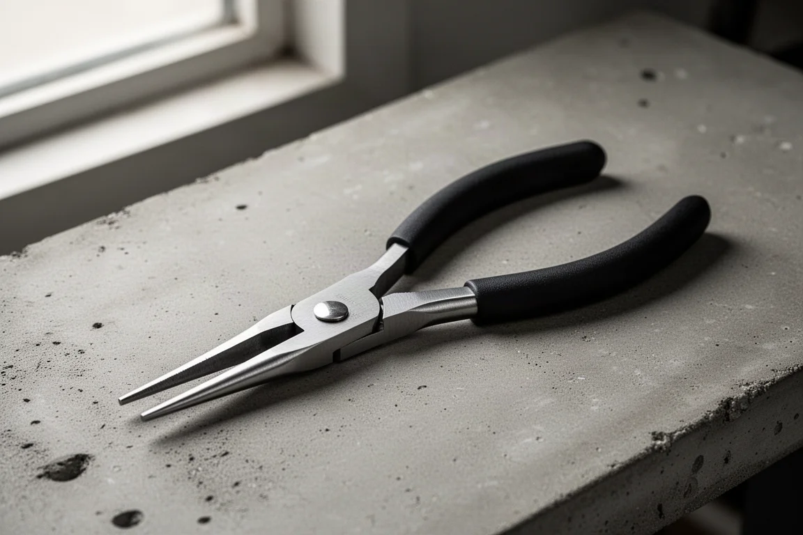 Ideal 35038 8-inch long nose pliers with steel jaws and black grips on concrete surface