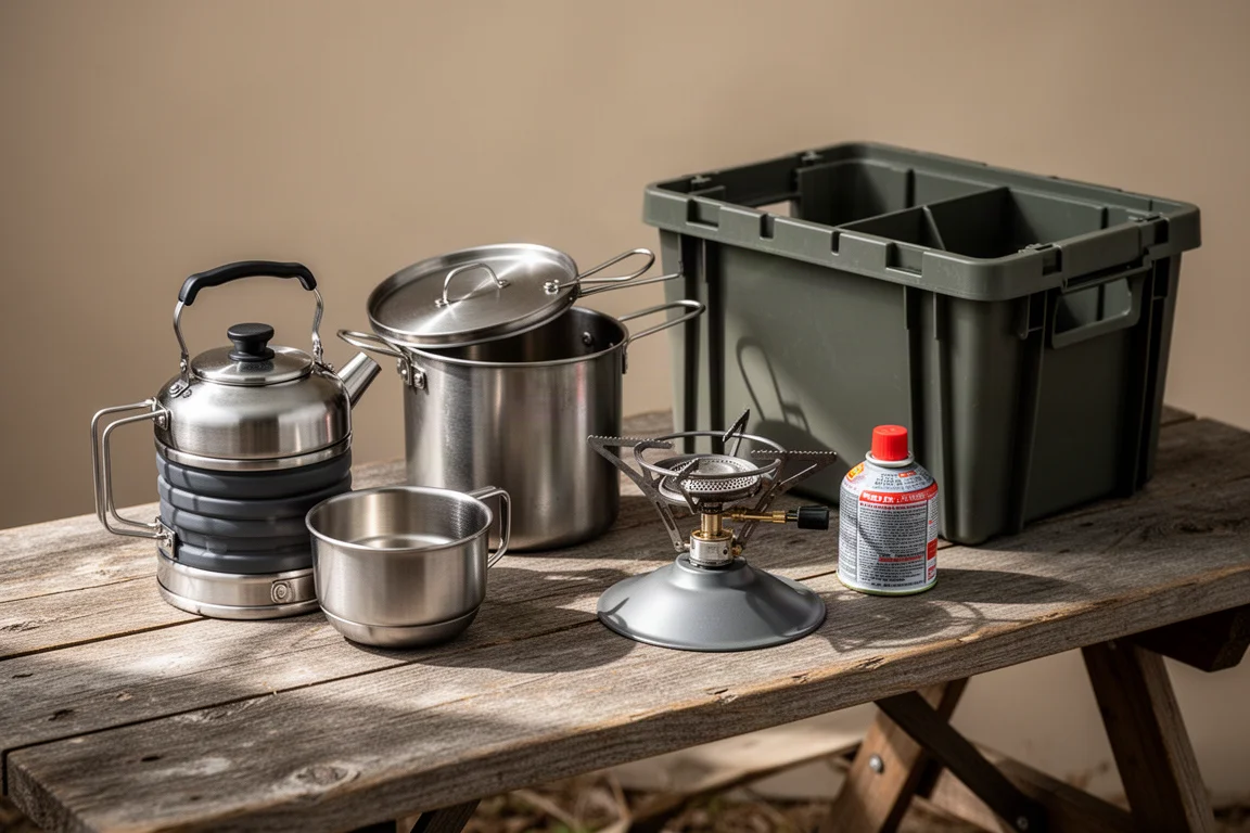 Complete camp kitchen with stoves, pots, propane tank, water container, and crate on a folding table