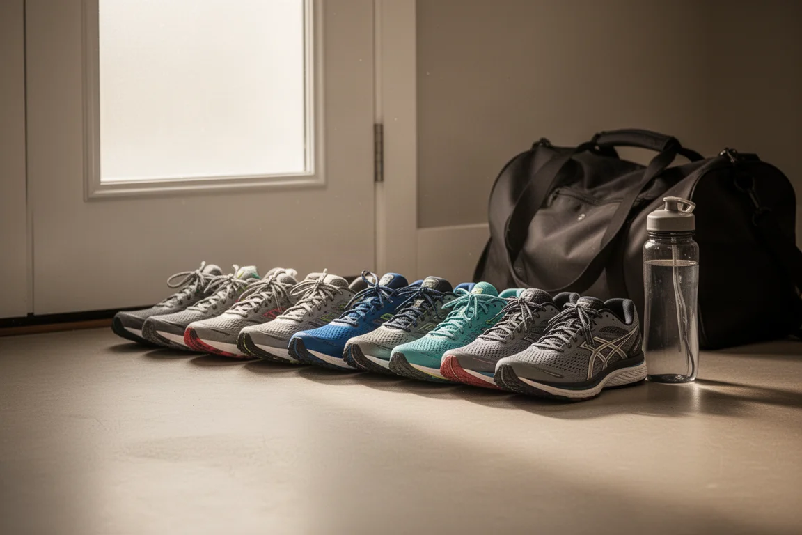 Verschillende hardloopschoenen staan op een rij bij een voordeur in zacht ochtendlicht