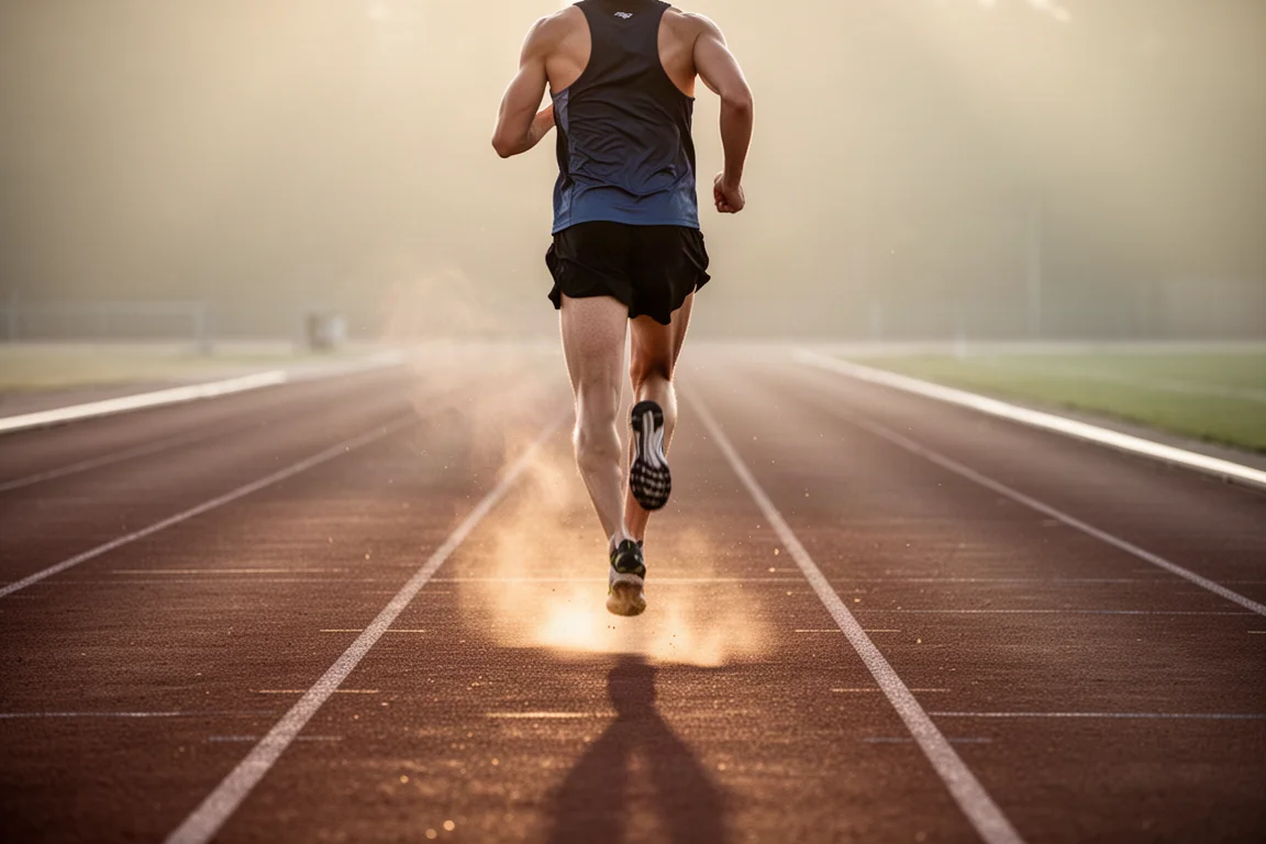 Hardloper loopt met ontspannen passen over een lege atletiekbaan tijdens het gouden uur