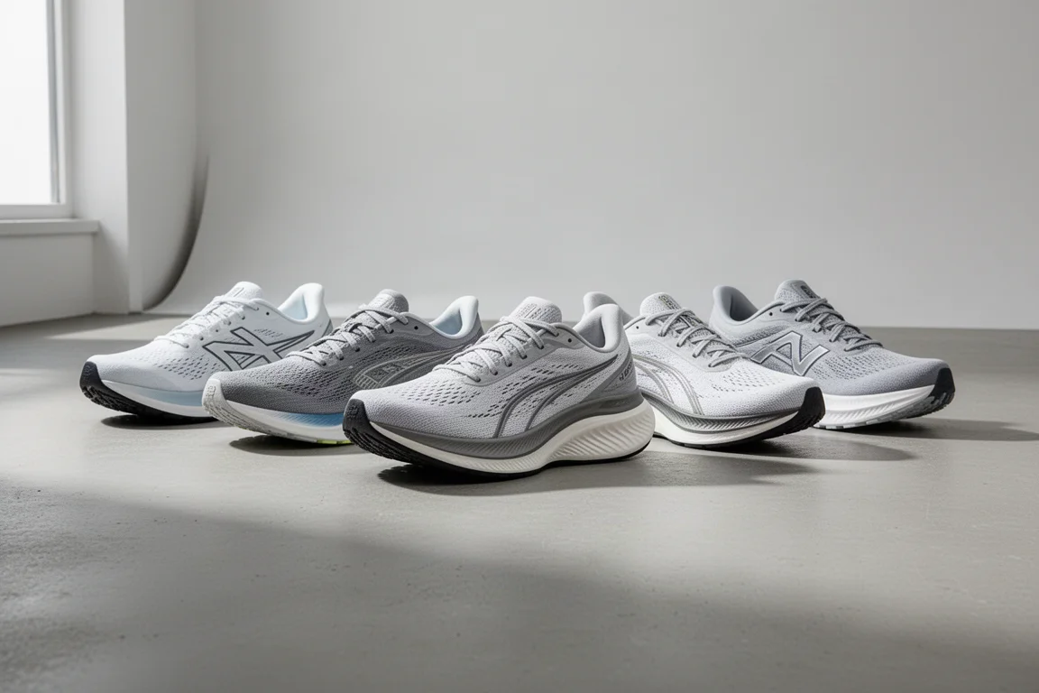 Eight running shoes of varying silhouettes lined up on a grey concrete studio floor