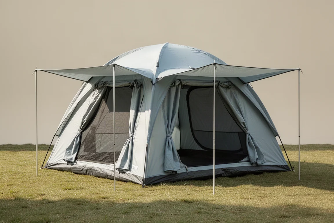 Large instant popup camping tent with extended awning pitched on a grassy clearing