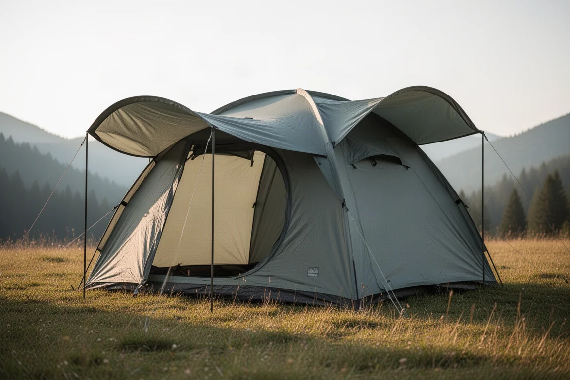 Large instant popup camping tent with extended awning in a grassy mountain clearing