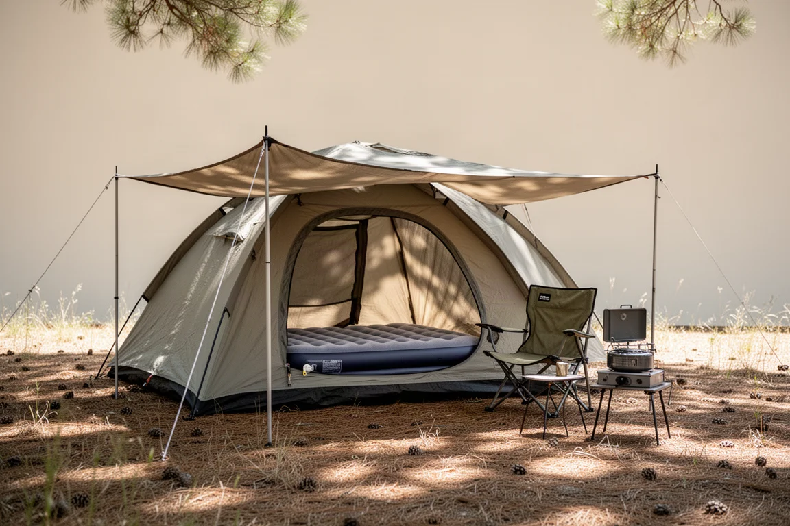 Kampeerplek met een opgezette tent, luchtbed en kampeerstoel binnen enkele minuten