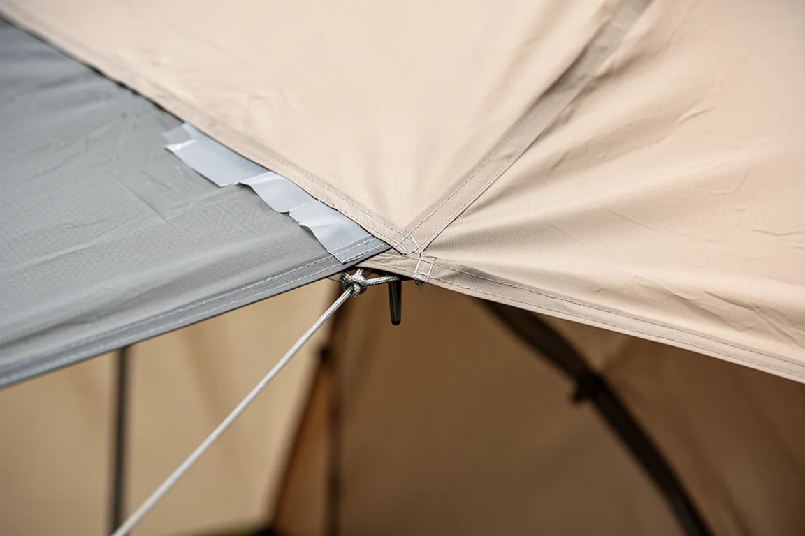 Close-up van een luifelpaneel dat over een tentdaknaad heen valt