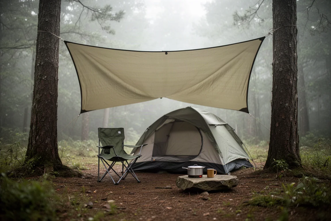 Kampeerkeuken en opvouwbare stoel onder een tarp naast een kleine tent