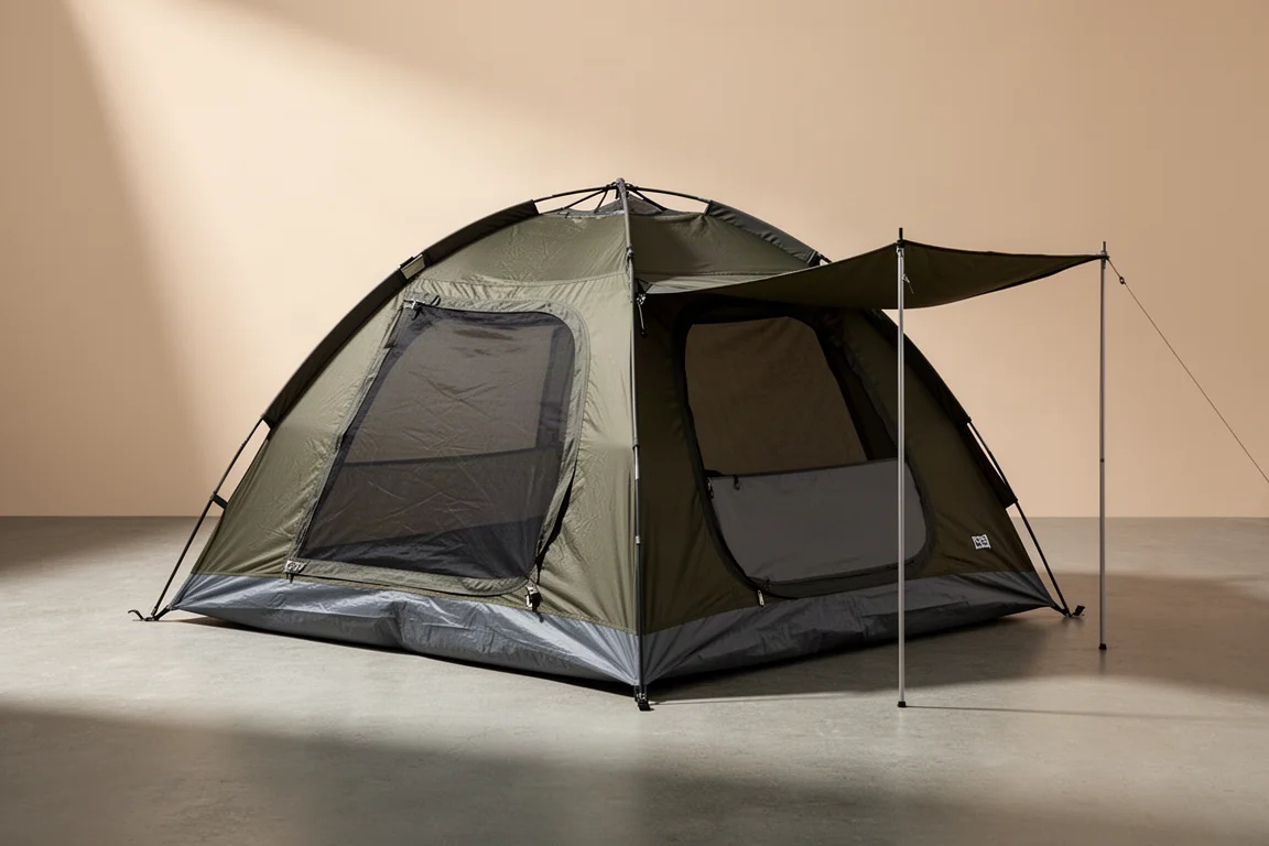 Olive and grey pop-up camping tent with an integrated awning on a concrete surface