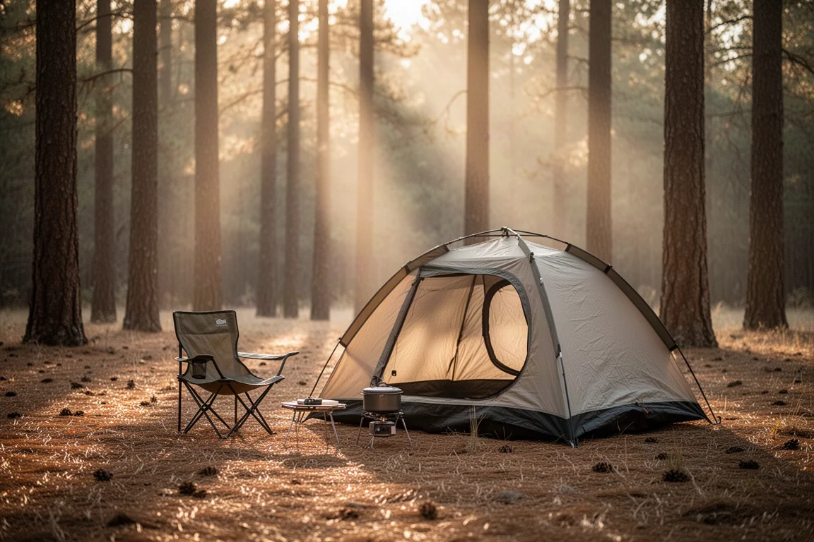 Campamento en un bosque tranquilo a la hora dorada con una tienda pop-up compacta montada entre árboles altos