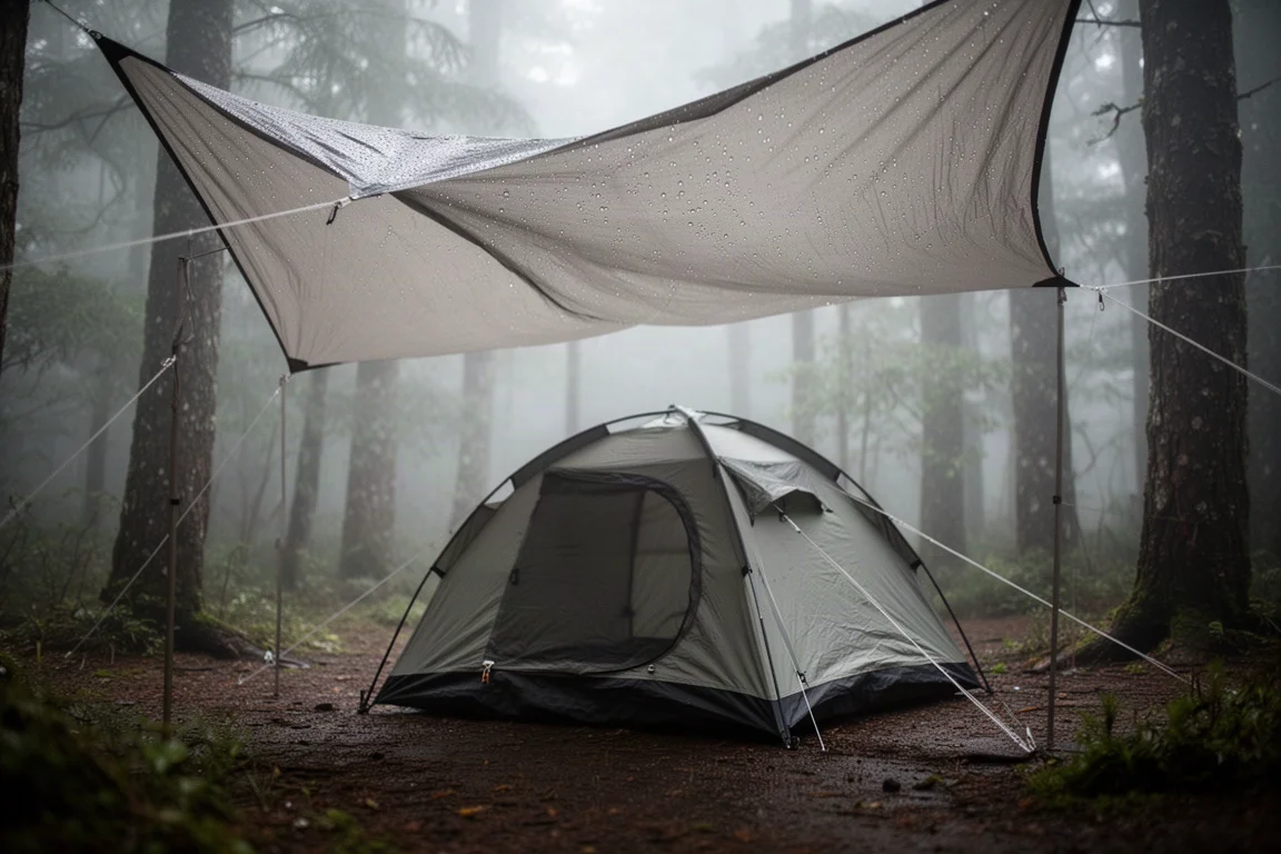 Tienda pop-up montada bajo una lona grande en un campamento húmedo con niebla ligera