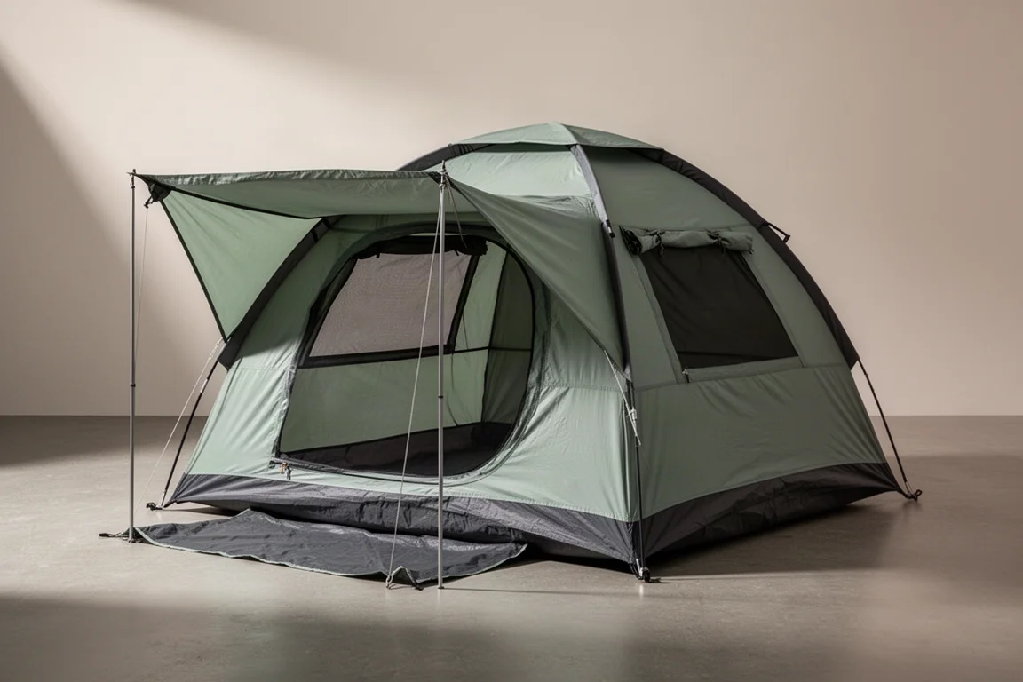 Compact instant popup camping tent with front awning and mesh windows on concrete