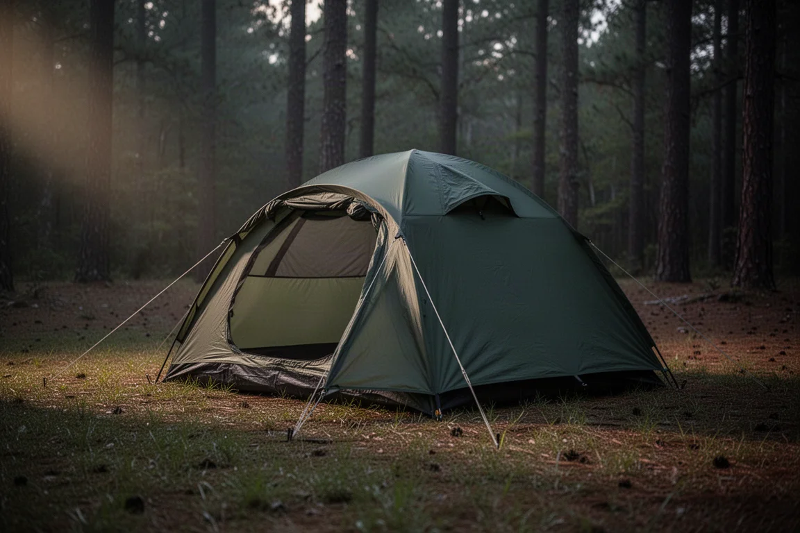 Compact green pop-up camping tent pitched on a forest campsite at dusk