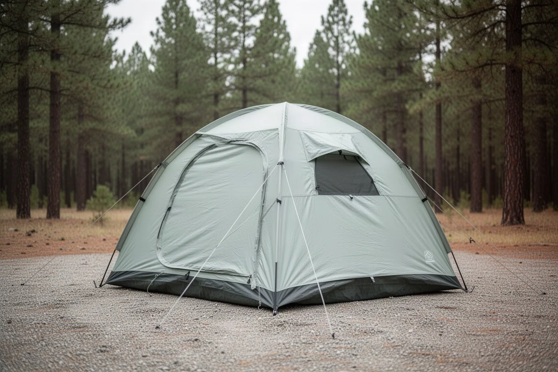 Small popup camping tent pitched on a gravel pad at the edge of a pine forest
