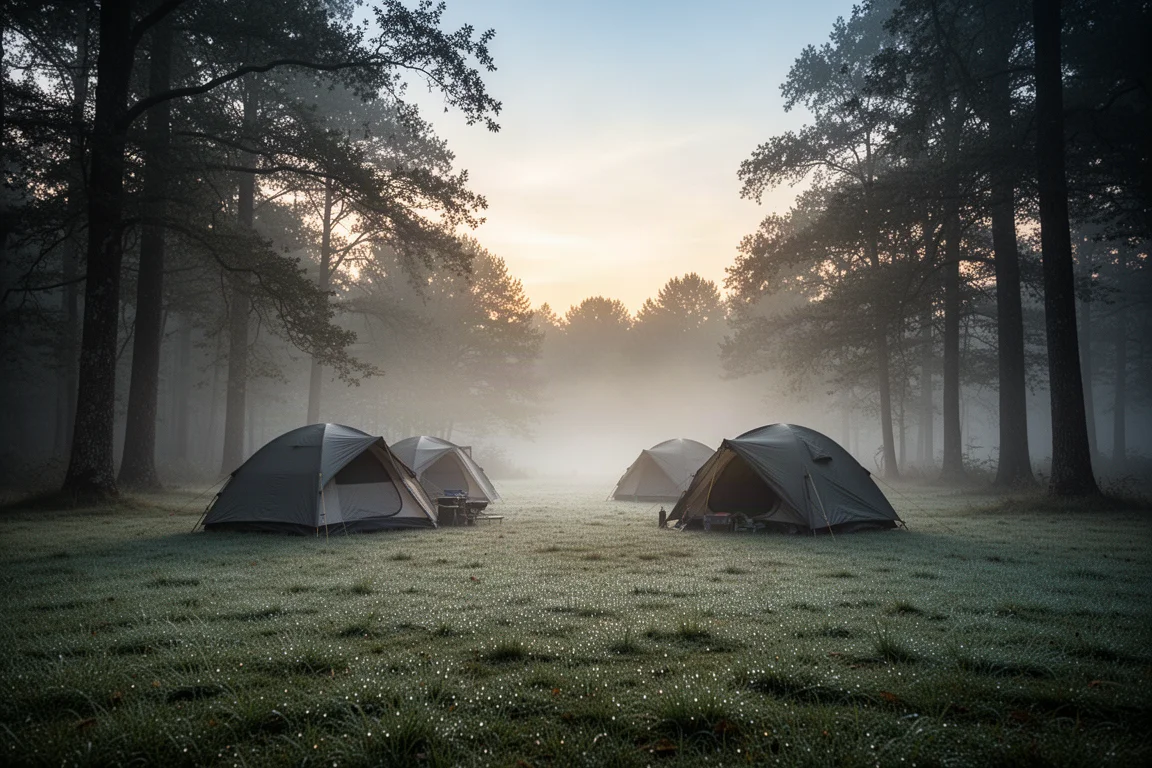 Radura di campeggio silenziosa all'alba con rugiada sull'erba e nebbia bassa tra gli alberi