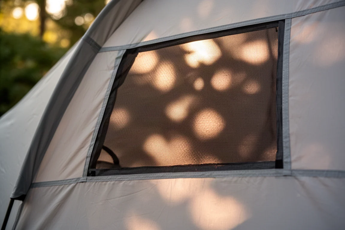 Primo piano del pannello di ventilazione in mesh della tenda con luce solare che filtra attraverso il tessuto