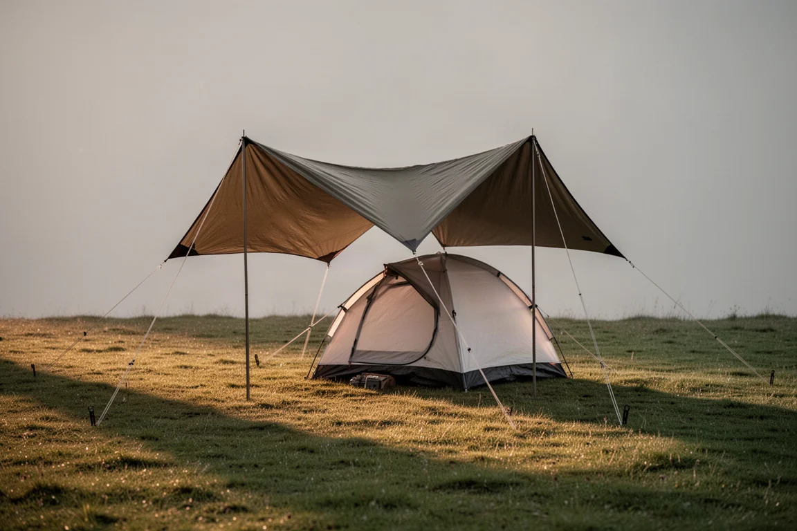 Grande telo steso sopra un campeggio con una tenda sotto di esso nella luce serale