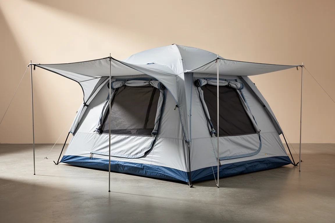 Large pale grey popup camping tent with extended awning on a neutral studio surface