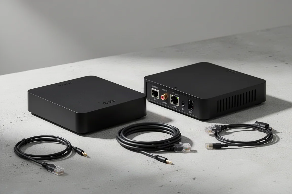 Two compact matte black network streamers side by side with cables on a concrete surface