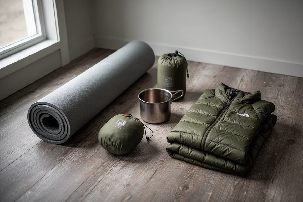 Backpacking gear sorted into loose groups on a weathered wooden floor
