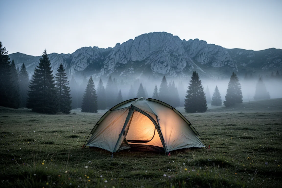 Lightweight tent pitched in an alpine meadow at dusk with mist and pine trees