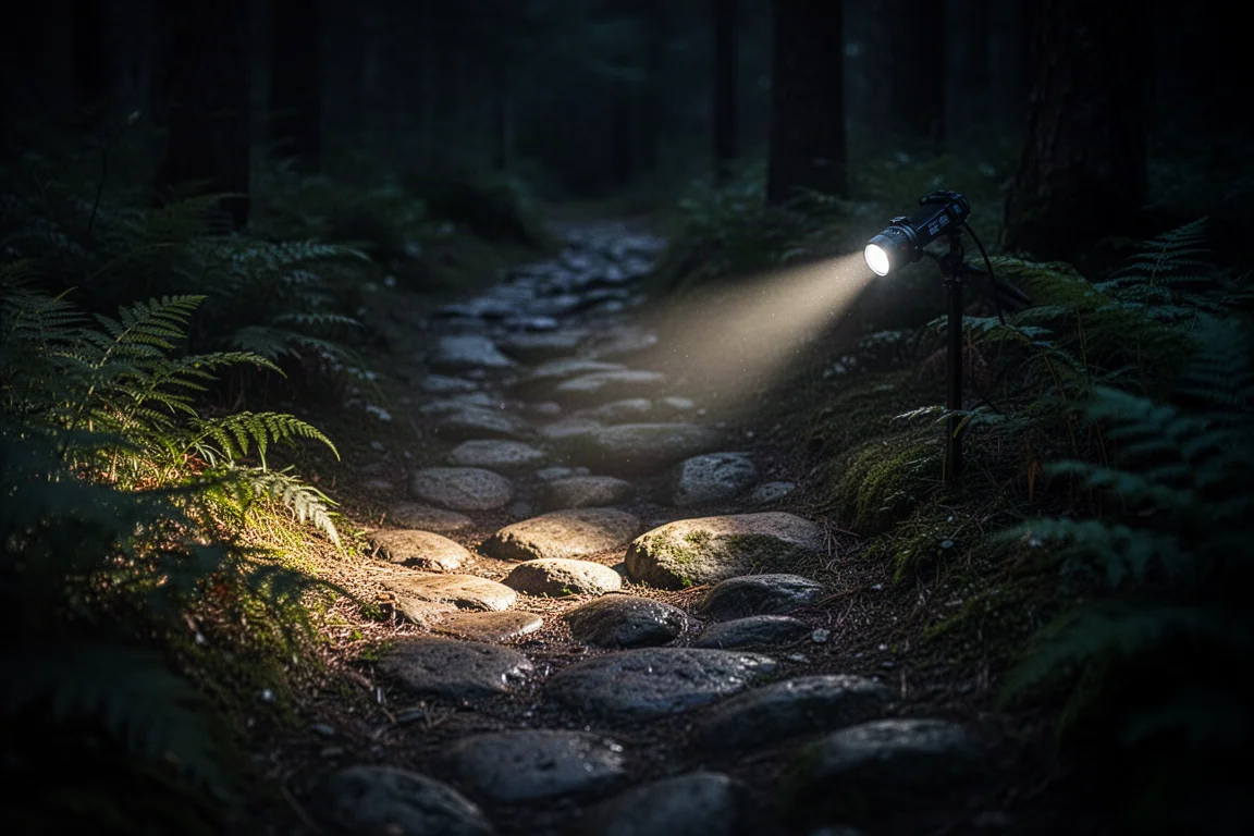 Headlamp beam cutting across a rocky forest trail at night